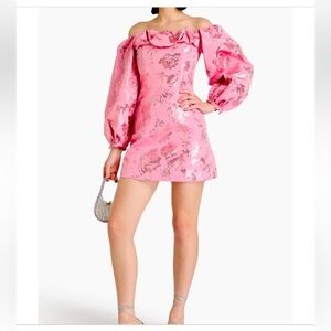 Stine Goya Dora Floral brocade, Pink Off-Shoulder, mini, puff sleeve Dress XS